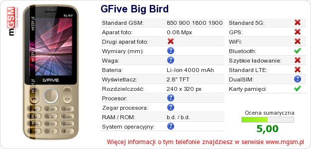 Dane telefonu GFive Big Bird