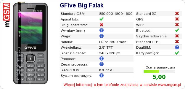 Dane telefonu GFive Big Falak