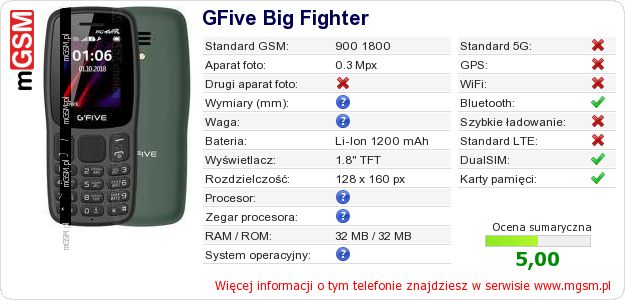 Dane telefonu GFive Big Fighter
