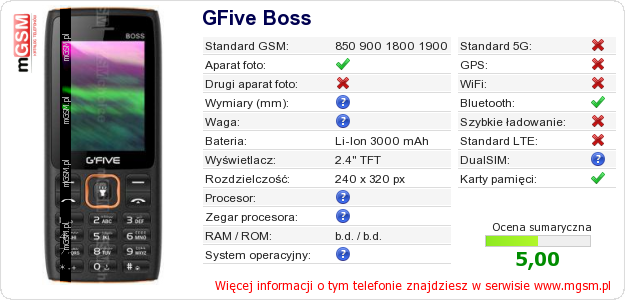 Dane telefonu GFive Boss