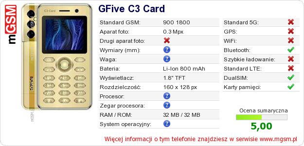 Dane telefonu GFive C3 Card