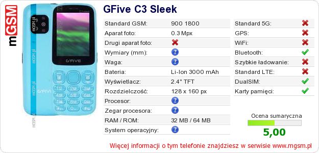 Dane telefonu GFive C3 Sleek