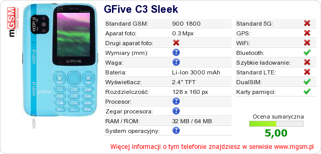Dane telefonu GFive C3 Sleek