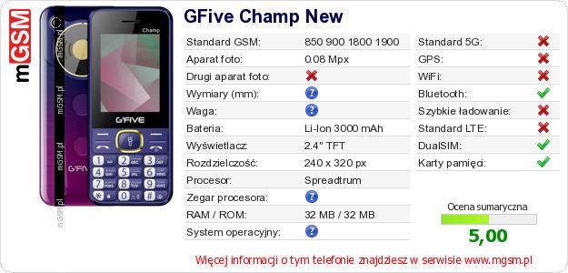 Dane telefonu GFive Champ New