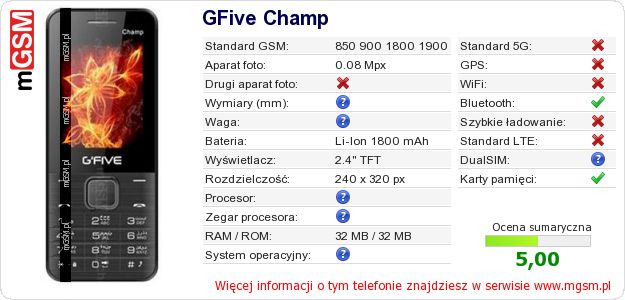 Dane telefonu GFive Champ