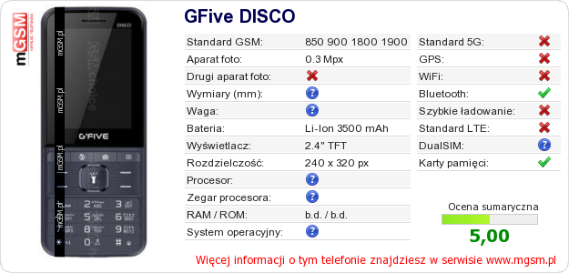 Dane telefonu GFive DISCO