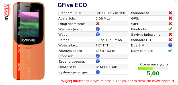 Dane telefonu GFive ECO