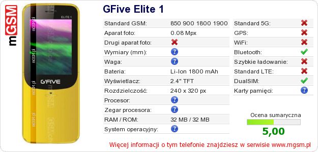 Dane telefonu GFive Elite 1