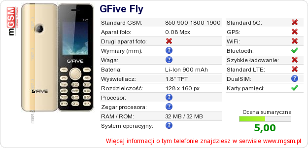 Dane telefonu GFive Fly