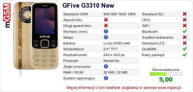 Dane telefonu GFive G3310 New
