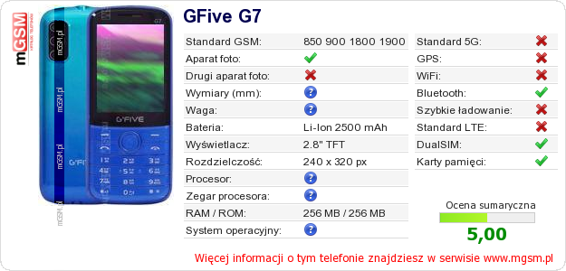 Dane telefonu GFive G7