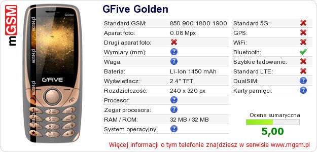 Dane telefonu GFive Golden