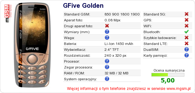 Dane telefonu GFive Golden