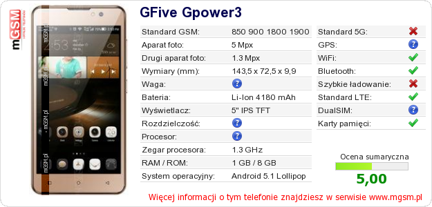 Dane telefonu GFive Gpower3