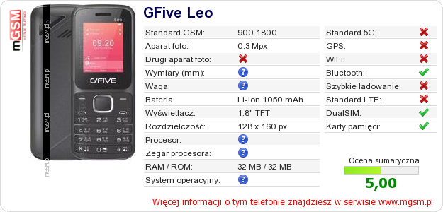 Dane telefonu GFive Leo