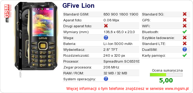 Dane telefonu GFive Lion