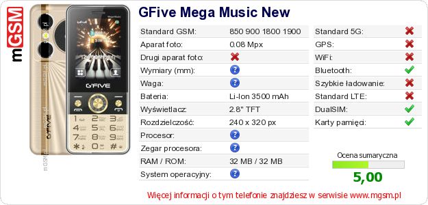 Dane telefonu GFive Mega Music New Dane telefonu GFive Mega Music New