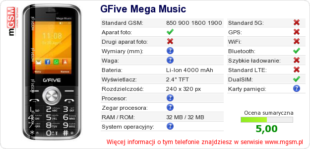 Dane telefonu GFive Mega Music