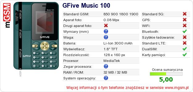 Dane telefonu GFive Music 100 Dane telefonu GFive Music 100