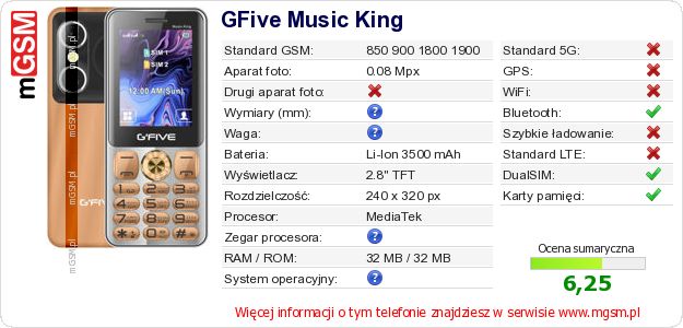 Dane telefonu GFive Music King Dane telefonu GFive Music King