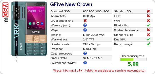 Dane telefonu GFive New Crown
