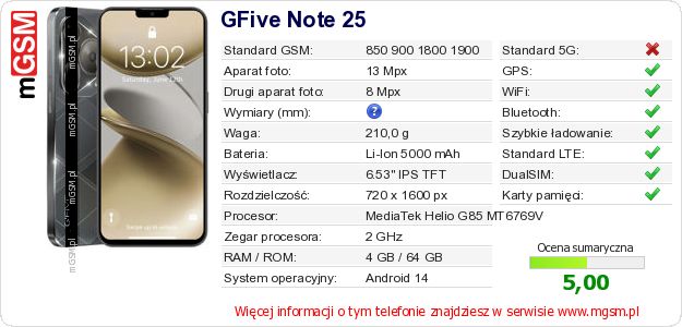 Dane telefonu GFive Note 25 Dane telefonu GFive Note 25