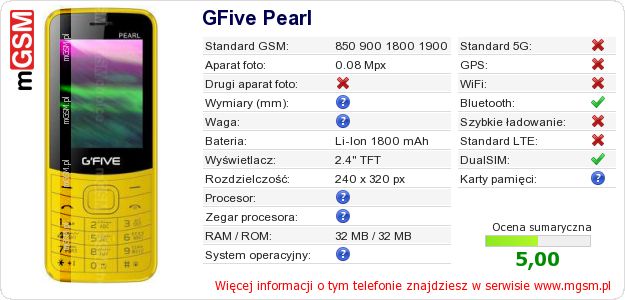 Dane telefonu GFive Pearl