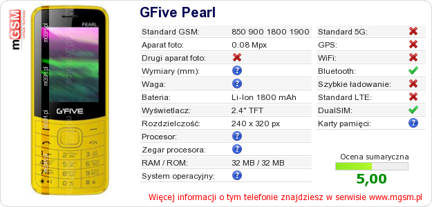 Dane telefonu GFive Pearl