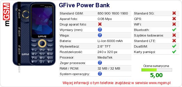 Dane telefonu GFive Power Bank