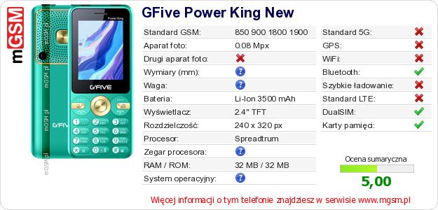 Dane telefonu GFive Power King New Dane telefonu GFive Power King New