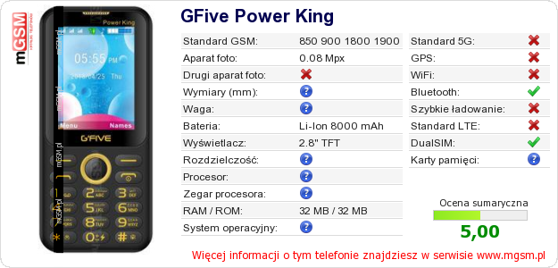Dane telefonu GFive Power King