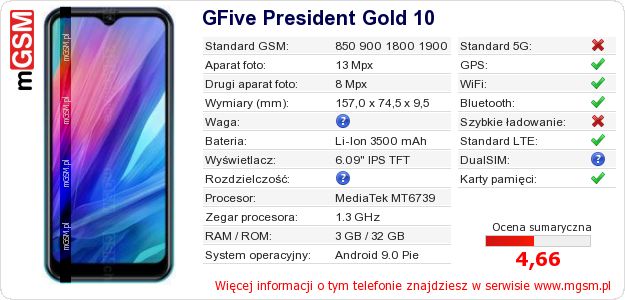 Dane telefonu GFive President Gold 10