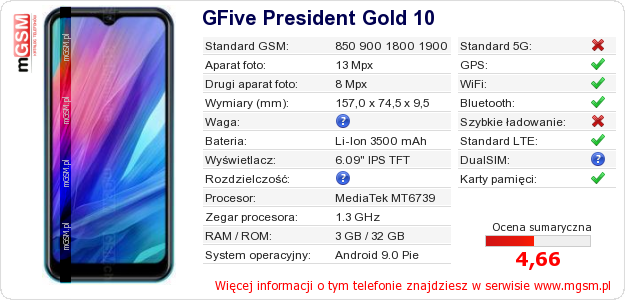 Dane telefonu GFive President Gold 10