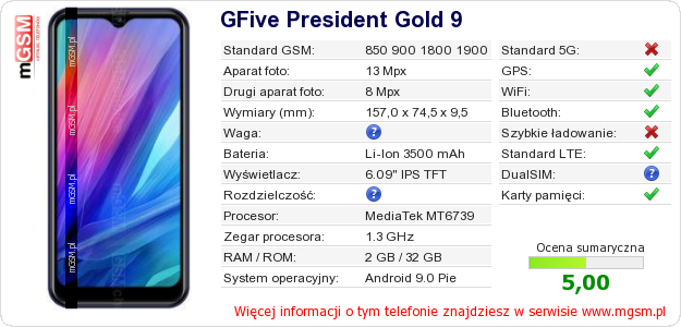 Dane telefonu GFive President Gold 9