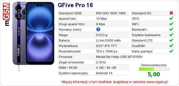 Dane telefonu GFive Pro 16 Dane telefonu GFive Pro 16