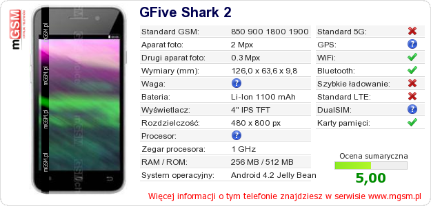 Dane telefonu GFive Shark 2