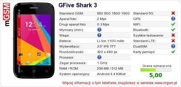 Dane telefonu GFive Shark 3