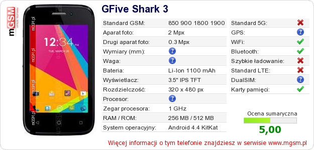 Dane telefonu GFive Shark 3