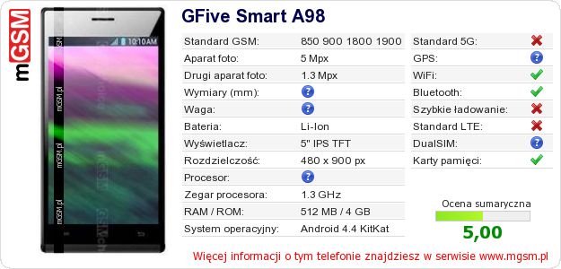 Dane telefonu GFive Smart A98 Dane telefonu GFive Smart A98