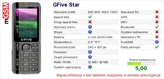 Dane telefonu GFive Star