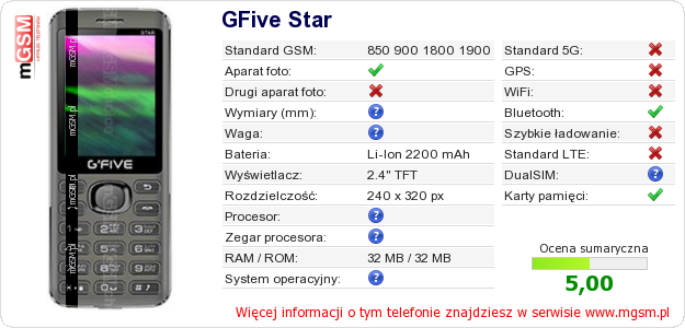 Dane telefonu GFive Star