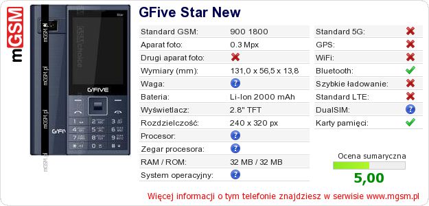 Dane telefonu GFive Star New
