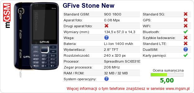 Dane telefonu GFive Stone New