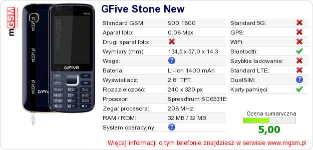 Dane telefonu GFive Stone New