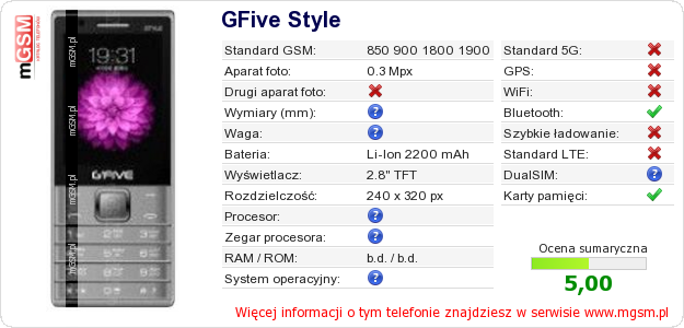 Dane telefonu GFive Style
