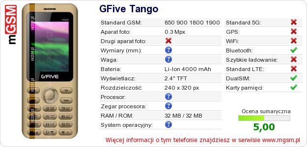 Dane telefonu GFive Tango