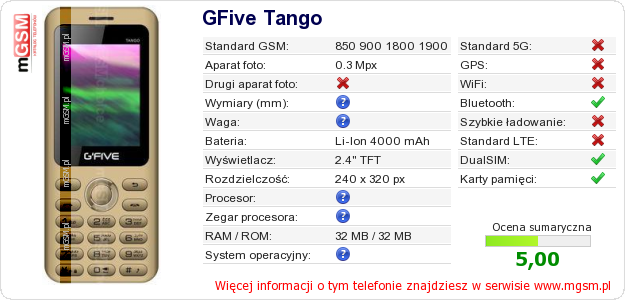 Dane telefonu GFive Tango