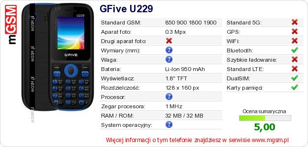 Dane telefonu GFive U229