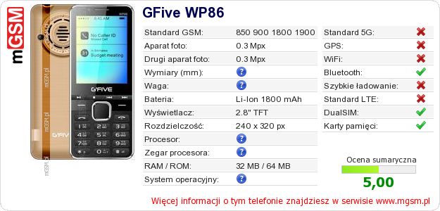 Dane telefonu GFive WP86