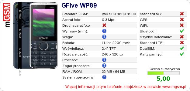Dane telefonu GFive WP89